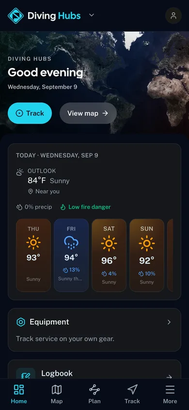 The Diving Hubs app dashboard