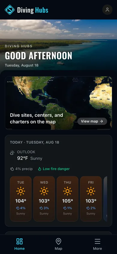 The Diving Hubs app dashboard