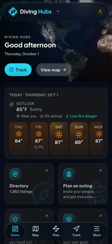 The Diving Hubs app dashboard