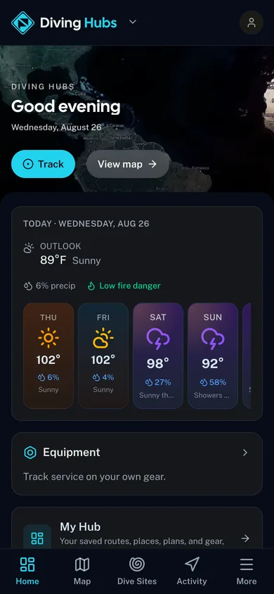 The Diving Hubs app dashboard