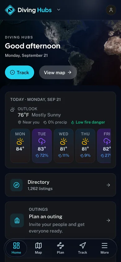 The Diving Hubs app dashboard