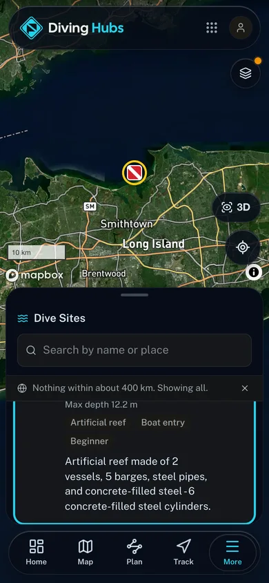 A mapped place open beside the surrounding catalog in the Diving Hubs app