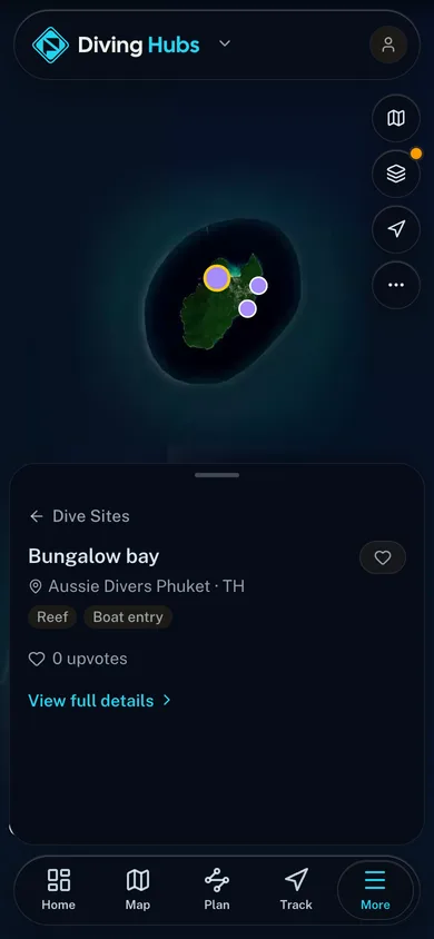 A mapped place open beside the surrounding catalog in the Diving Hubs app
