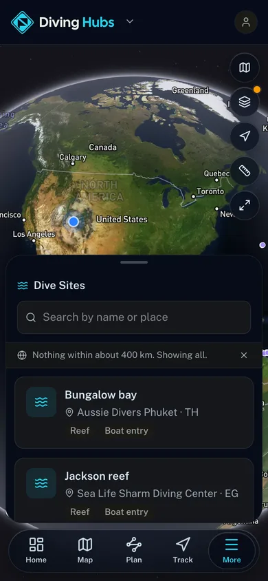 A mapped place open beside the surrounding catalog in the Diving Hubs app