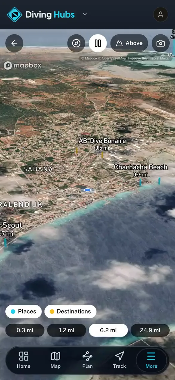 Nearby places standing on the real terrain in 3D in the Diving Hubs app