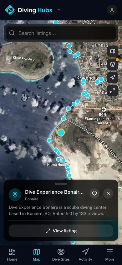 Nearby places mapped in the Diving Hubs app