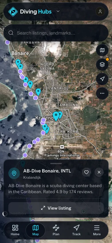 Nearby places mapped in the Diving Hubs app