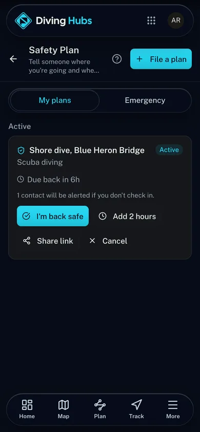 An active safety plan with its check-in time in the Diving Hubs app