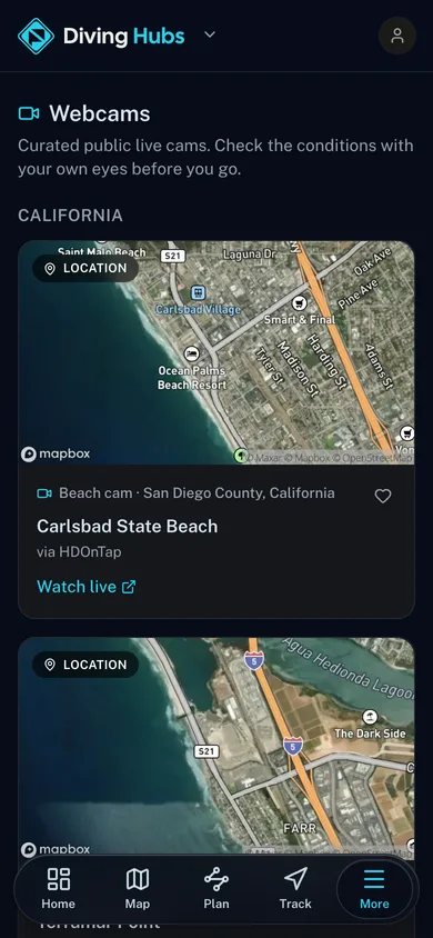 Live public webcams grouped by state in the Diving Hubs app