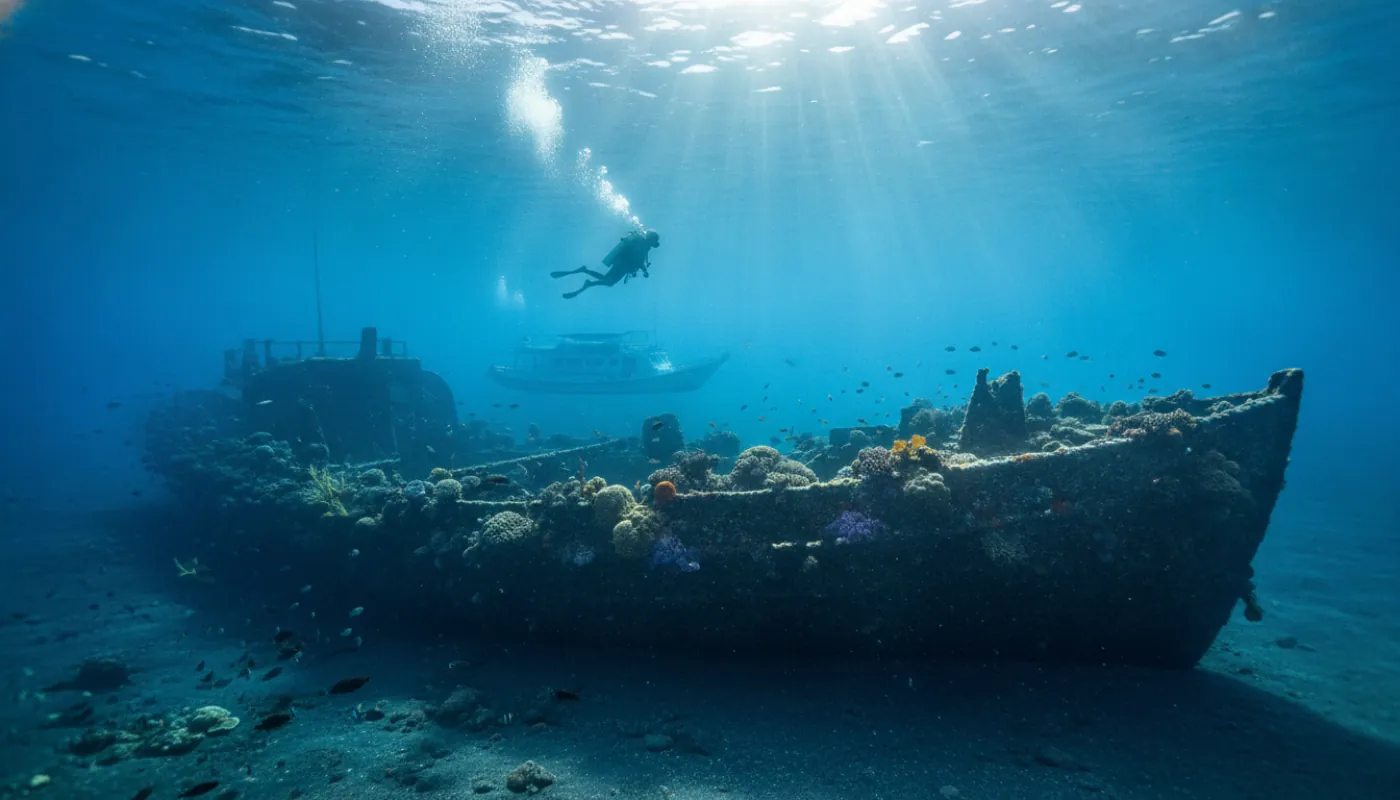 A steel shipwreck encrusted in coral rising out of dark volcanic sand in shallow water, a diver silhouetted above the hull in shafts of morning sun
