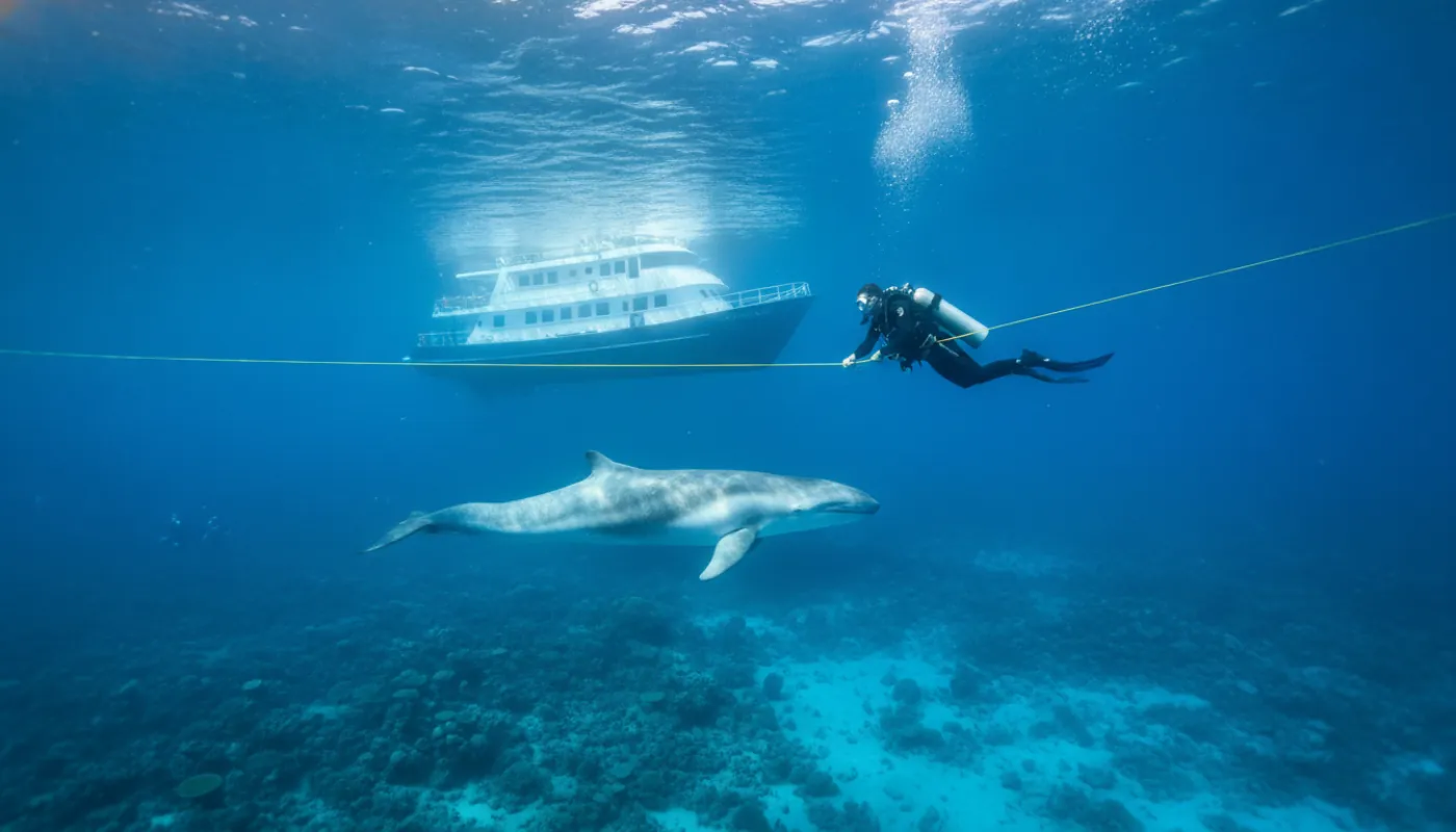 A diver hanging on a surface line in deep blue water as a sleek dwarf minke whale passes below, sunlight scattering across its pale flank