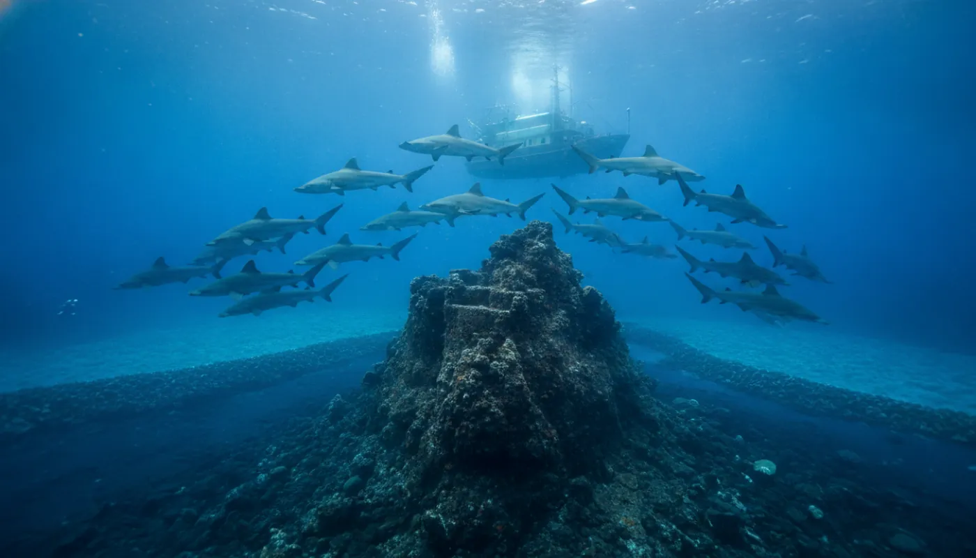 A school of scalloped hammerhead sharks, each with the distinctive wide flattened T-shaped hammer head and eyes set at the far tips, cruising in silhouette through deep blue water above a rocky pinnacle