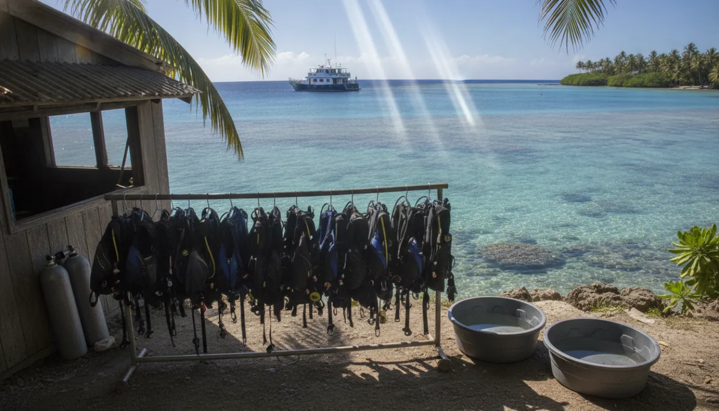 A row of BCDs hanging to dry on a rack outside a dive shop, tanks and rinse tubs in the shade, bright tropical light on the water beyond