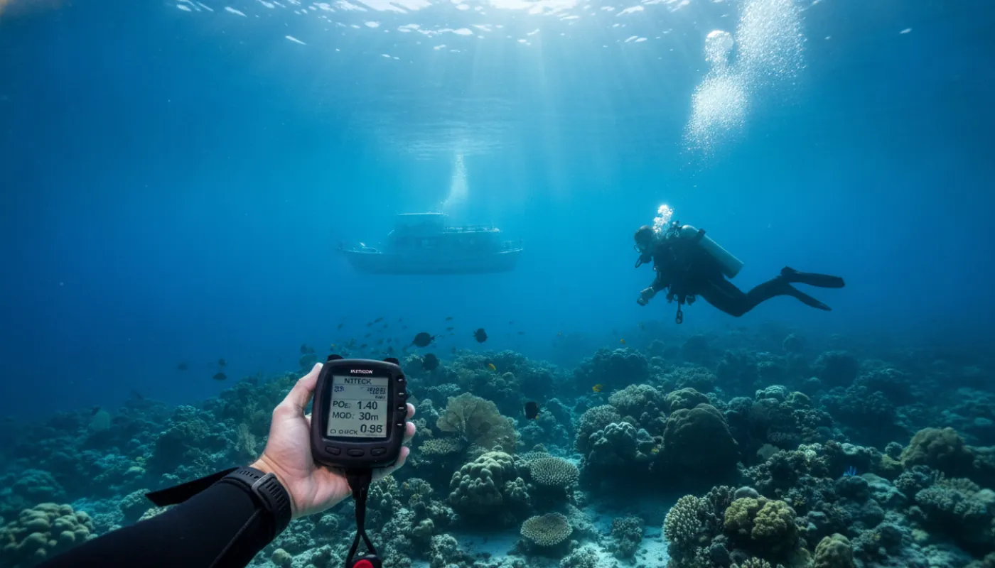 A dive computer on a diver's wrist held up against the blue, the reef and a second diver visible in soft focus beyond, sunlight fanning down from the surface