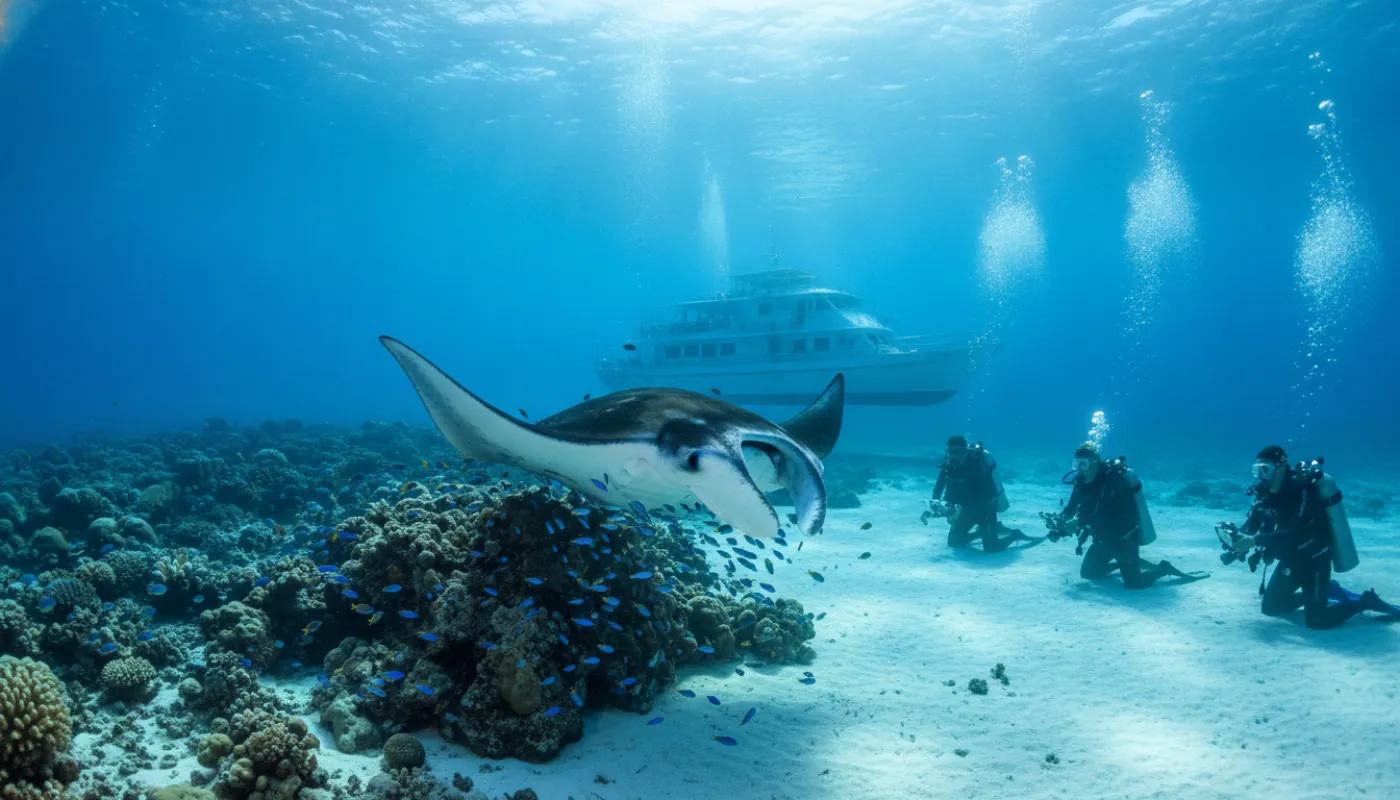 A reef manta gliding low over a coral cleaning station with cleaner wrasse working along its pale underside, divers kneeling well back on the sand watching