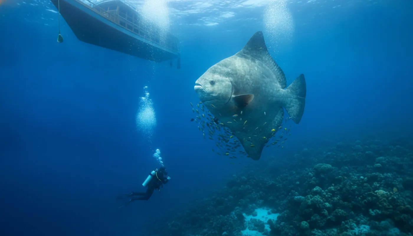 A vast disc-shaped sunfish hanging vertically in deep blue water while small reef fish pick at its flank, a diver watching from a respectful distance below