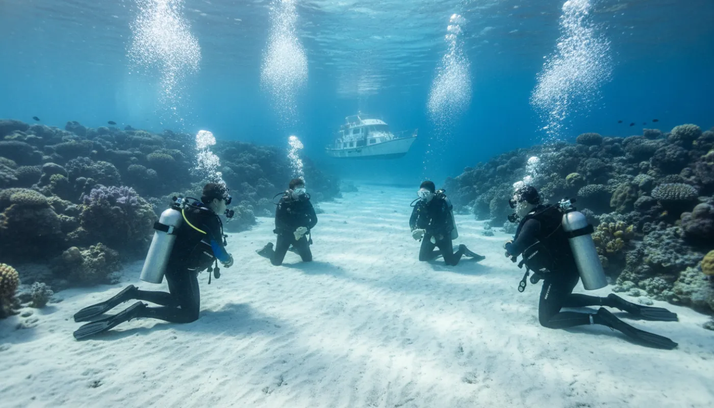 A small group of student divers kneeling on a sandy shallow bottom running skills with an instructor, sunlight rippling across them from the surface