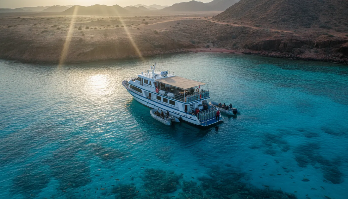 A dive liveaboard moored in flat blue water off a desert coastline at dawn, tenders alongside and tanks racked on the dive deck