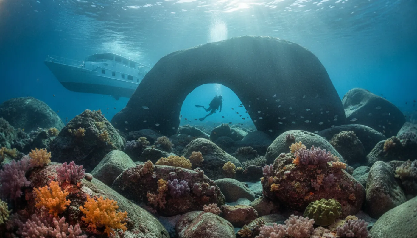 A diver silhouetted in a granite archway underwater, sunlight streaming through the gap onto a boulder field draped in soft coral