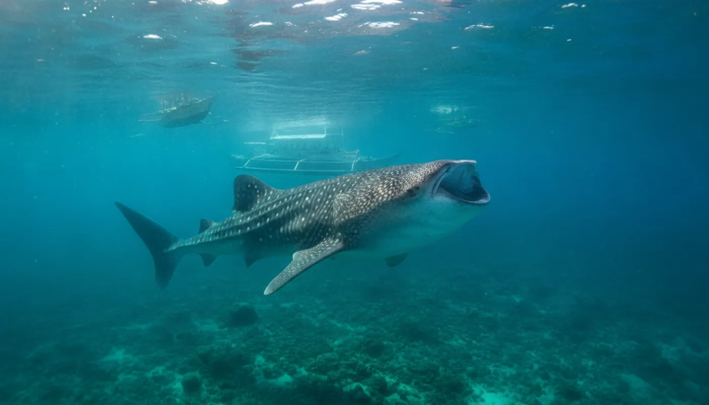 A whale shark cruising through green shallow water with its mouth agape, small boats silhouetted on the surface above, shafts of morning light in the plankton