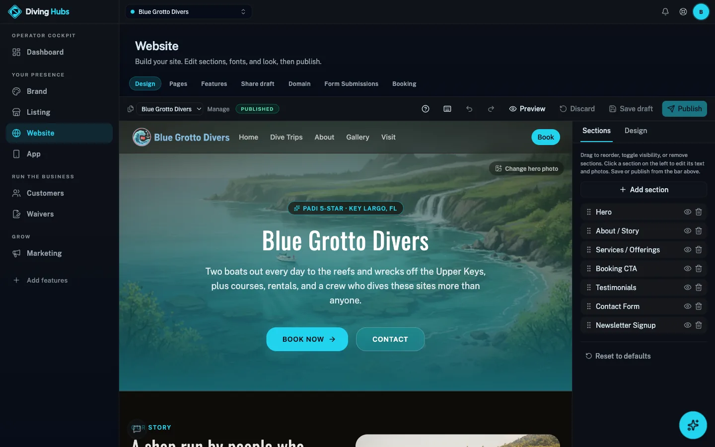 Diving Hubs cockpit: Website builder